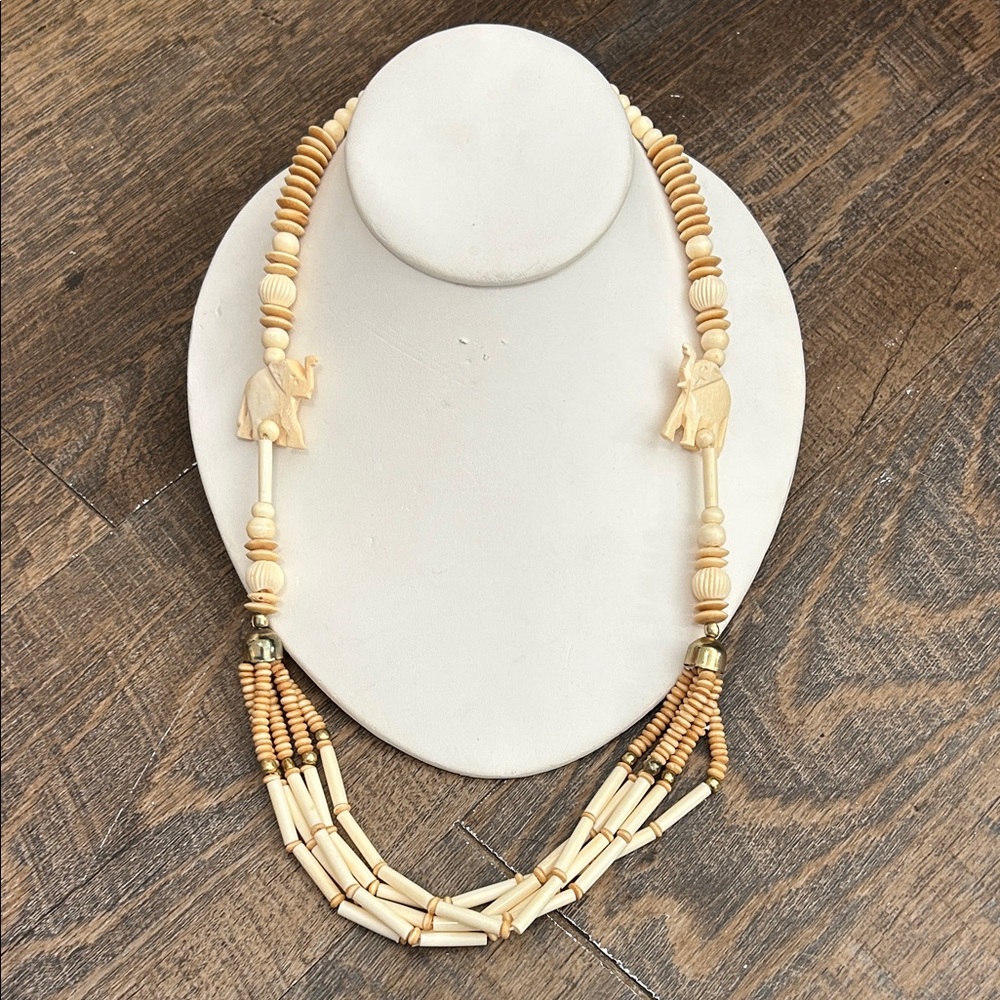 Vintage 26" Beaded Faux‎ Bone African Tribal Elephant Necklace Hand Carved